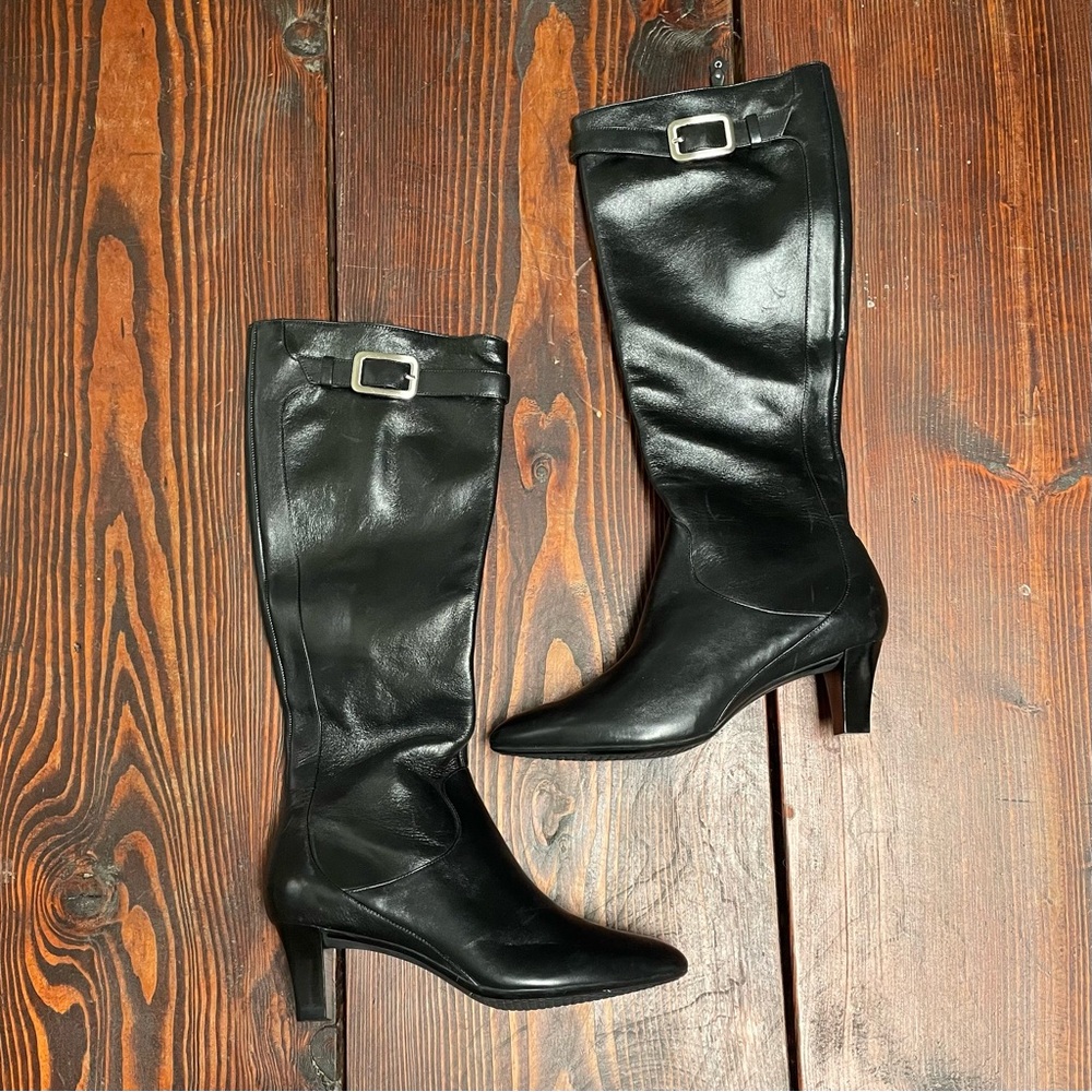 Cole Haan Black Heeled Leather Boots with Buckle